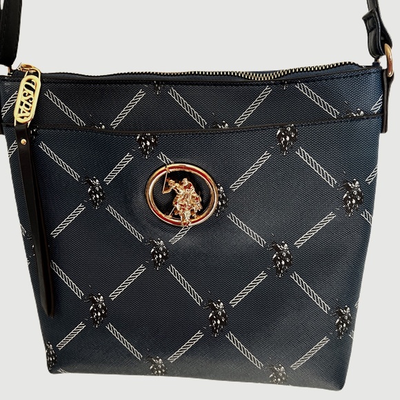 U.S. POLO ASSN. Womens Blue Faux Leather Crossbody Bag Gold-Tone Medallion - Picture 1 of 4